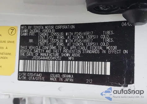 2008 Toyota Highlander z USA, uszkodzony, nr VIN JTEDS44A482049252